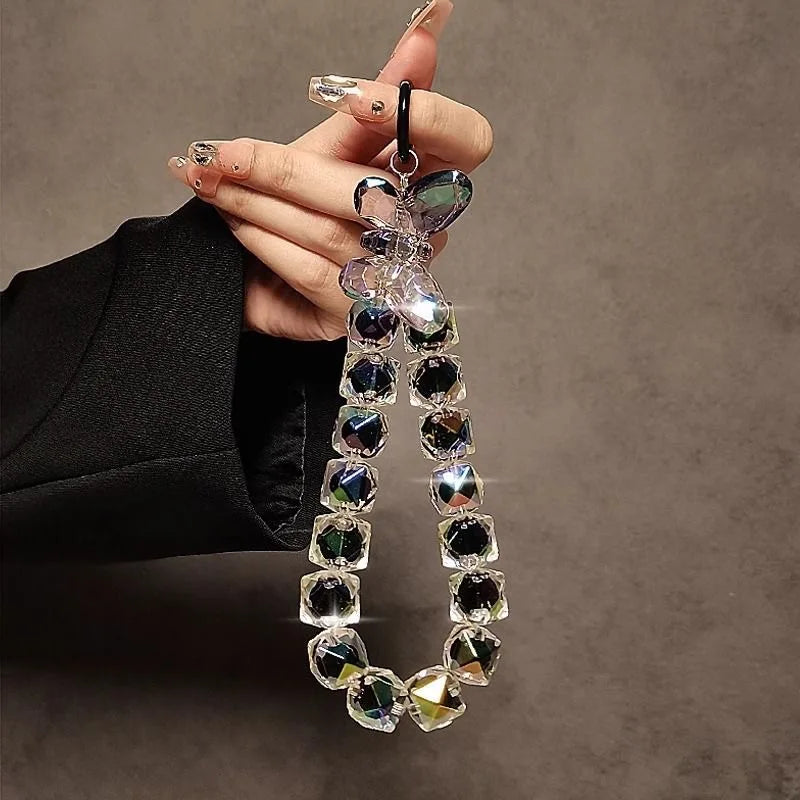DIY Bracelet Crystal Shinning Acrylic Butterfly Girl Phone Charms Wrist Hanging Strap Mobile Phone Lanyard Phone Bag Key Chain
